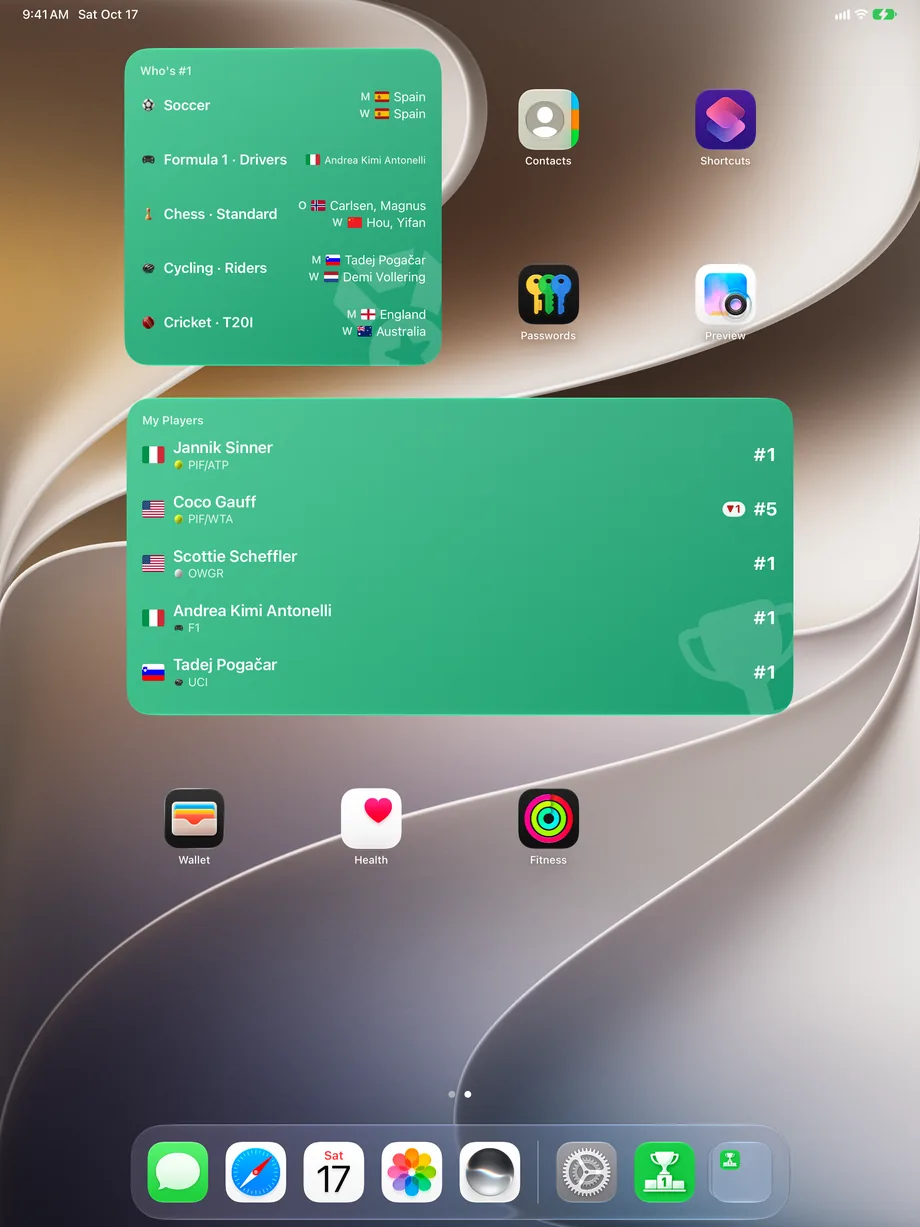 Two WS Rankings widgets on an iPad Home Screen: Who's #1 for five pinned rankings, from soccer to chess and cycling, and the extra large My Players widget with five players and their ranks